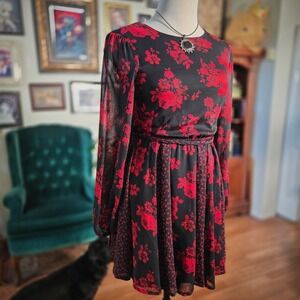 City Vibe Black Red Rose Print Sheer Sleeve Skater Dress XS Goth